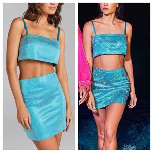 Nadine Merabi Cleo Blue Crystal Crop Top Mini Skirt Set XS Sparkle Party Outfit